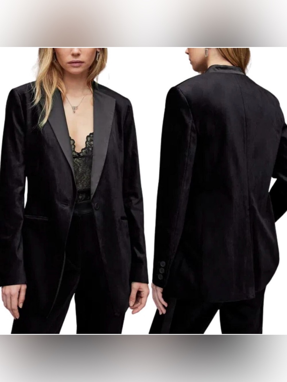Allsaints Sofia Velvet Blazer Satin Trim Lapel Jacket Padded Shoulders sz 6 $400
